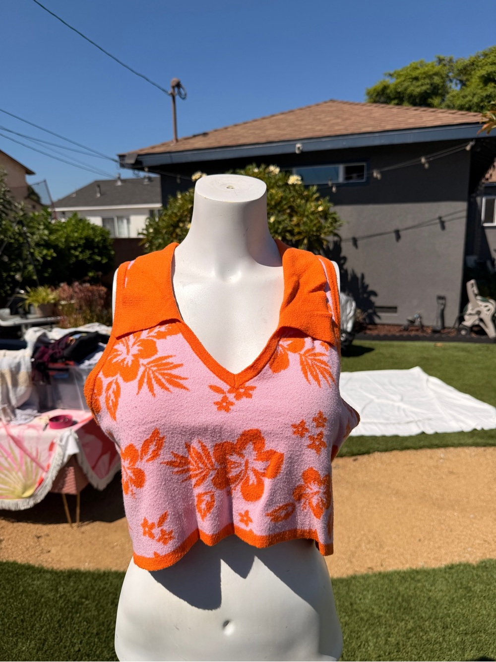 Sleeveless Pink and Orange Floral Knit Crop Top